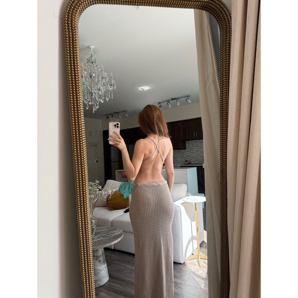 Beige Botany Knit Crochet Cut Out Backless Maxi Dress Taupe Size Womens M - Picture 4 of 11